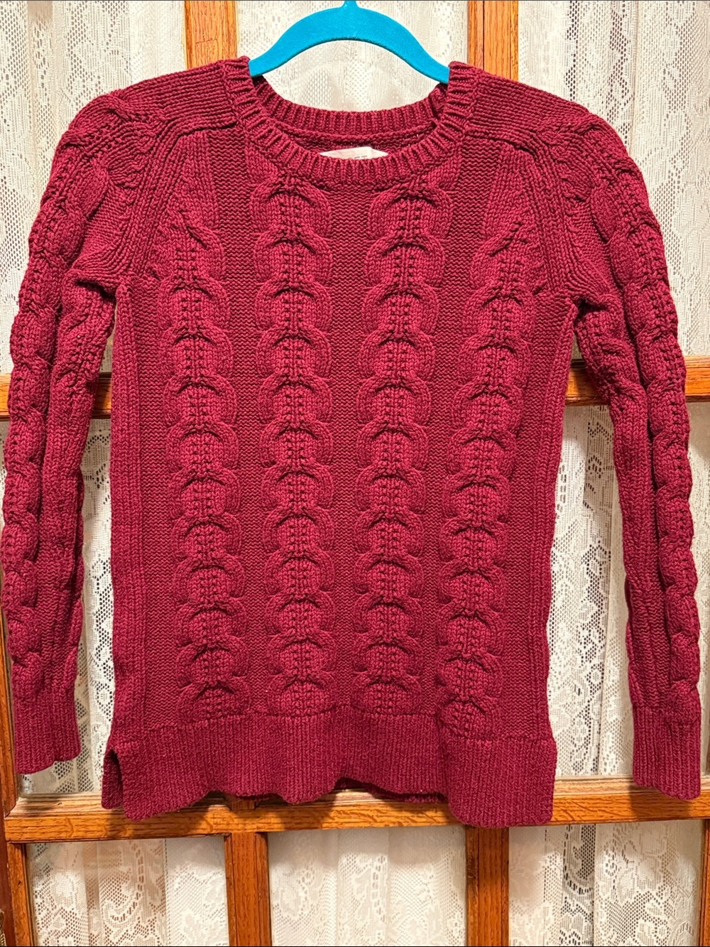 LOFT Cable-Knit Crewneck Sweater in Burgundy